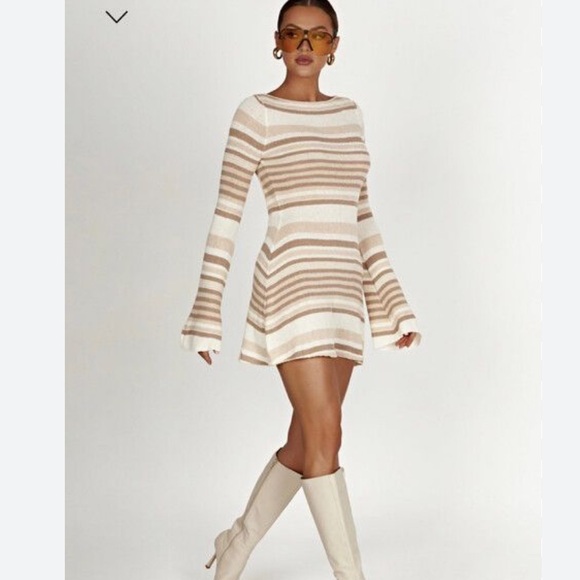 MESHKI Zahra Long Sleeve Open Back Mini Knit Dress - Cream - Picture 2 of 16